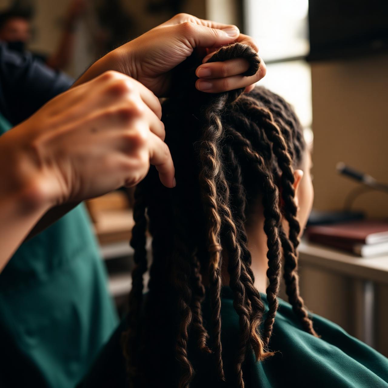 A stylist working on fresh dreadlocks
